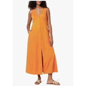 The Drop Blanca Linen Button-Front V-Neck Maxi Dress, Golden Oak Orange, Size 2X